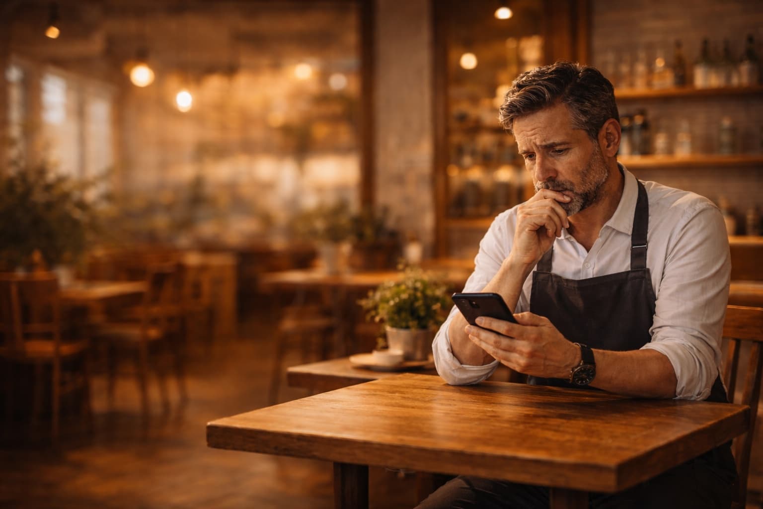 Dueño de restaurante revisando reseñas en su móvil